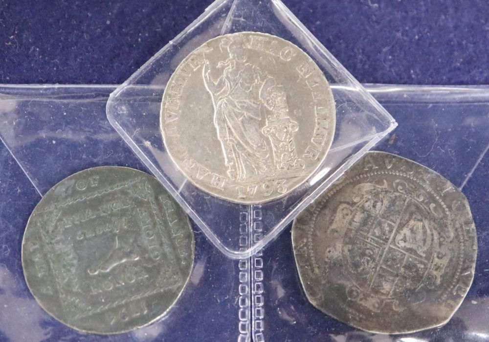 A Charles I half crown and two other coins